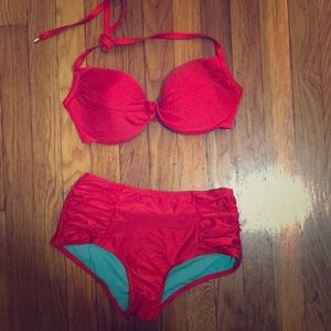 Red bikini, halter top, high waisted bottoms